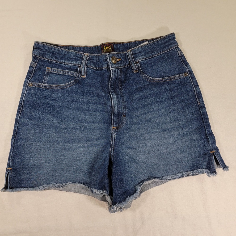 Lee Womens High Rise Raw Hem Denim Shorts Medium Wash Blue 10 Medium 112353213
